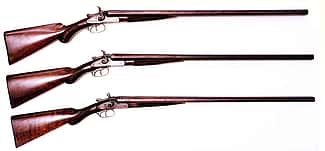 Pictured are three examples of Winchester’s imported English shotguns, circa 1878 – 1884. From top to bottom: Winchester Club Class double barrel, 12 gauge; Winchester Class C double barrel, 12 gauge; and Winchester Match Class double barrel, 16 gauge.