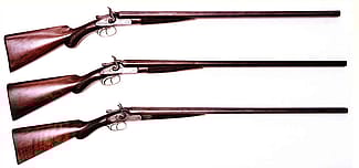Pictured are three examples of Winchester’s imported English shotguns, circa 1878 – 1884. From top to bottom: Winchester Club Class double barrel, 12 gauge; Winchester Class C double barrel, 12 gauge; and Winchester Match Class double barrel, 16 gauge.