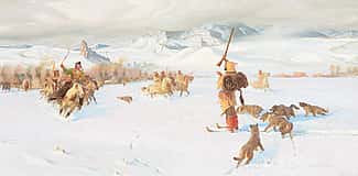 John Clymer 1907 – 1989 John Colter Visits the Crows 1807 (1975) oil on canvas 24 × 48 inches; Coeur d’Alene Art Auction