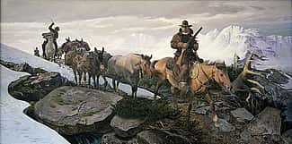 John Clymer (1907 – 1989). "The Gold Train," 1969 – 1970. Oil on canvas, 60 x 120 in. Gift of Winchester-Western Division, Olin Corporation. 27.70