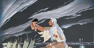 Blackbear Basin (1921-1980). "Mandan Mother and Child," ca. 1963. Gouache on illustration board, 29 x 40 in. Gift of Mr. and Mrs. Robert Wallick in memory of Wallace C. Ford. 13.74 (detail)