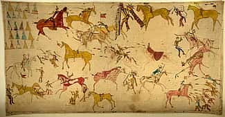 Mee-nah-tsee-us (White Swan) (ca. 1851–1904). Apsaalooke (Crow), Montana. Painting, ca. 1887. Muslin, pencil, ink, watercolor, 37.25 x 70.5 inches. The Paul Dyck Plains Indian Buffalo Culture Collection, acquired through the generosity of the Dyck family and additional gifts of the Nielson Family and the Estate of Margaret S. Coe. NA.702.40