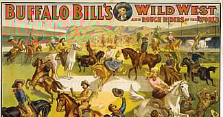 Trick riding was always a big part of the Wild West. Four-color lithograph, ca. 1907. The Strobridge Litho Co., Cincinnati, OH, and New York, NY. 1.69.2701 (detail)