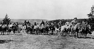 Superintendent P.W. Norris with the first wagon into the Upper Geyser Basin, 1878. NPS photo.
