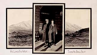 Last known photograph of Buffalo Bill, here pictured with his physician, Dr. Crook, standing outside Stone Bath House, Glenwood Springs, Colorado, 1917. MS 6 William F. Cody Collection. P.69.999