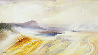 Thomas Moran (1837–1926). "Great Blue Spring of the Lower Geyser Basin, Firehole River, Yellowstone," 1872. Watercolor on paper, 18.75 x 26 inches. Purchased with funds from the William E. Weiss Fund, Mrs. J. Maxwell Moran, Wiley Buchanan III, Nancy-Carroll Draper, Nancy and Nick Petry, Steve and Sue Ellen Klein, William C. Foxley, John F. Eulich, Mary Lou and Willis McDonald IV, and D. Harold Byrd, Jr. 24.91