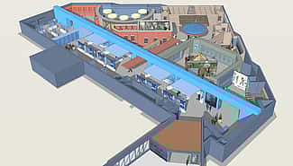 Design drawings by Gallagher & Associates gave a preview of the planned concepts as the renovation plans got underway in 2017. A birds-eye view design concept drawing for the reinstalled Cody Firearms Museum.