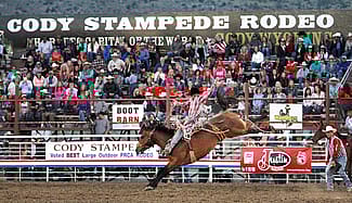 Sterling Crawley of Stephenville, Texas, competing in saddle bronc during the Cody Stampede Rodeo, July 1, 2016. Raymond Hillegas photo courtesy the Cody Enterprise.