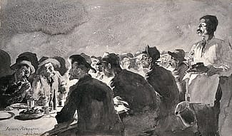 Frederic Remington (1861–1909). "The Mess Tent at Night," 1890 –1891. Buffalo Bill Center of the West, Cody, Wyoming, USA. Appeared in "Harper's Monthly," November 1891. Museum Purchase. 11.7
