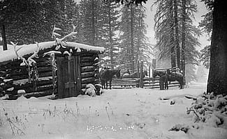 Cabin in winter, cow camp at Jack Creek, c. 1923. Charles Belden photo. MS 3 Charles Belden Collection. PN.67.75a (detail)
