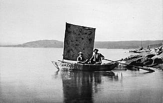 Albertype of William Henry Jackson photo of "1st boat on Yellowstone Lake." U.S. Geological Survey of the Territories, 1871. Platte XXXV11. From the collection of Dr. Robert Enteen. WHJ-A.040