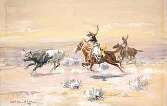 C.M. Russell (1864-1926). "Cowboys from the Bar Triangle," 1904. Watercolor on paper, 11 x 16 inches. Gift of William E. Weiss. 59.72 (detail)