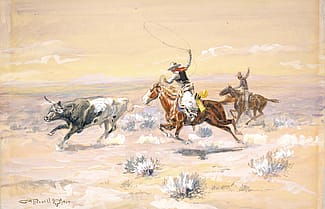 C.M. Russell (1864-1926). "Cowboys from the Bar Triangle," 1904. Watercolor on paper, 11 x 16 inches. Gift of William E. Weiss. 59.72 (detail)
