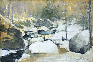 Frederic Remington (1861 - 1909). Untitled (Impressionistic winter scene of stream, rocks, and trees). Oil on board. Gift of The Coe Foundation. 75.67