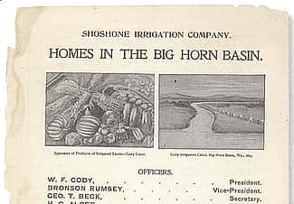 Even in his route book/program, Buffalo Bill promoted the Shoshone Irrigation Company and "Homes in the Big Horn Basin." MS 6 William F. Cody Collection. MS6.6.A.4.9.1.01b (detail)