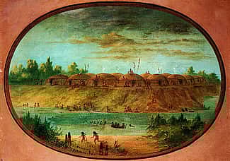 George Catlin (1796 – 1872). Minatarree Village, Minatarree, seven miles above the Mandan on the bank of the Knife River, ca. 1855 – 1870. Gift of Paul Mellon.