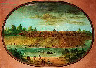 George Catlin (1796 – 1872). Minatarree Village, Minatarree, seven miles above the Mandan on the bank of the Knife River, ca. 1855 – 1870. Gift of Paul Mellon.