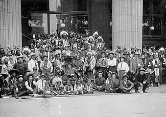 Buffalo Bill and the Wild West visited Wanamaker's Department Store in Philadelphia, and posed for the camera, probably in 1908. Store employees were intrigued by these unique customers. Gift of Gilbert Patten. P.69.1243.7