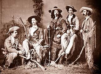 The "Flamboyant Fraternity": left to right, Elisha P. Green, James Butler Hickok, William F. Cody, John B. "Texas Jack" Omohundro, and Eugene Overton, 1873. R.H. Furman photograph. Museum Purchase, Garlow Collection. P.6.908