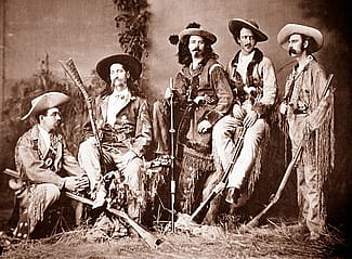 The "Flamboyant Fraternity": left to right, Elisha P. Green, James Butler Hickok, William F. Cody, John B. "Texas Jack" Omohundro, and Eugene Overton, 1873. R.H. Furman photograph. Museum Purchase, Garlow Collection. P.6.908