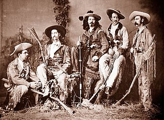 The "Flamboyant Fraternity": left to right, Elisha P. Green, James Butler Hickok, William F. Cody, John B. "Texas Jack" Omohundro, and Eugene Overton, 1873. R.H. Furman photograph. Museum Purchase, Garlow Collection. P.6.908