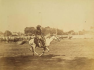 Cody liked riding at full speed. In this undated photo, he races his horse in an arena. MS 71 Vincent Mercaldo Collection, McCracken Research Library. P.71.40.1