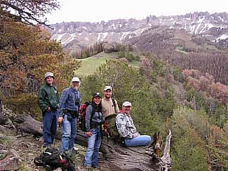 Members of the 2004 Carter Mountain field crew. L to R: Erik Reynolds, John Campbell, Ayako Yamamoto, Ronnie Hegemann, Charles Preston. Photo by Lynne Otto.
