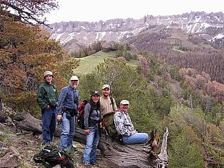 Members of the 2004 Carter Mountain field crew. L to R: Erik Reynolds, John Campbell, Ayako Yamamoto, Ronnie Hegemann, Charles Preston. Photo by Lynne Otto.