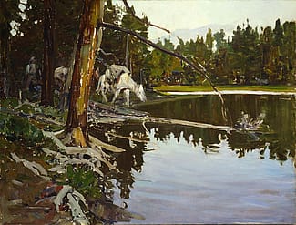 Frank Tenney Johnson (1874 – 1939). "Cove in Yellowstone Park," 1938. Oil on canvas, 30 x 40 inches. Gift of Fred and Sara Machetanz. 2.82