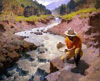 William R. Leigh (1866-1955), "Panning Gold, Wyoming," 1949. Oil on canvas, 32.25 x 40 inches. Gift of the artist. 1.59