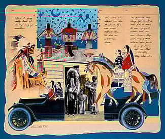 Arthur Amiotte (b. 1942). "The Visit," 1995. Acrylic and collage, 19 3/8 x 23 3/8 in. Gift of Mrs. Cornelius Vanderbilt Whitney. 17.95
