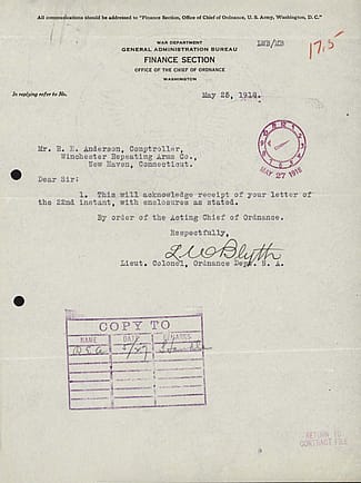 Finance section letter, May 25, 1918. Winchester Repeating Arms Company Collection, McCracken Research Library. MS20.01.03.31.007