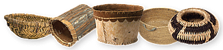 (Fig. 1, L–R) Note the various locales providing plant materials used in these baskets. NA.106.800, split yucca (Pueblo, southwest U.S., ca. 1930). Gift of Mr. and Mrs. Harris A. Thompson. | NA.106.463, cedar (Salish, Pacific Northwest, ca. 1900). | NA.106.464, birch (Ojibway [Chippewa], Great Lakes and southeast Canada, ca. 1920). | NA.106.597, willow (Iñupiat, Arctic Alaska, 20th century). Simplot Collection. Gift of J.R. Simplot. | NA.506.54, split sedge root and split bracken fern or bulrush root (Pomo, California, undated). Dr. Robert L. Anderson Collection.