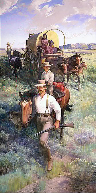 In the mid-1800s, many a family such as this one headed West for a new life. John Clymer (1907-1989), "The Homesteaders," 1969-1970, oil on canvas, 120.25 x 60.25 inches. Gift of Winchester-Western Division, Olin Corporation. 25.70