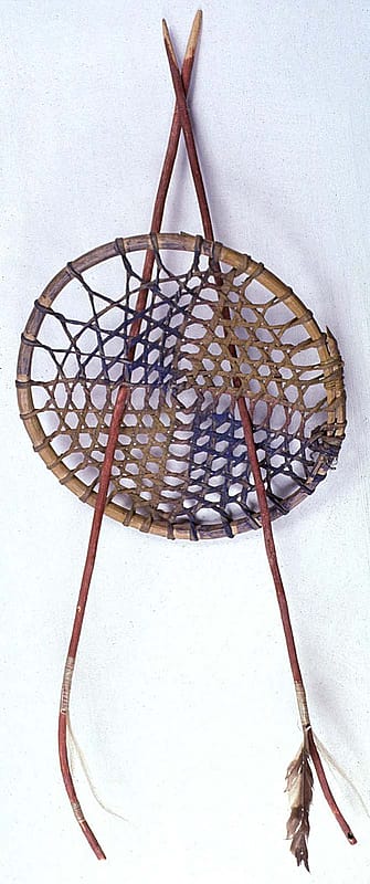 Hoop and arrows. Sioux, Northern Plains. Wood, rawhide thongs, red paint, blue paint, yellow paint, horse hair, and feathers. Royal B. Hassrick Indian Collection. NA.503.5A-C