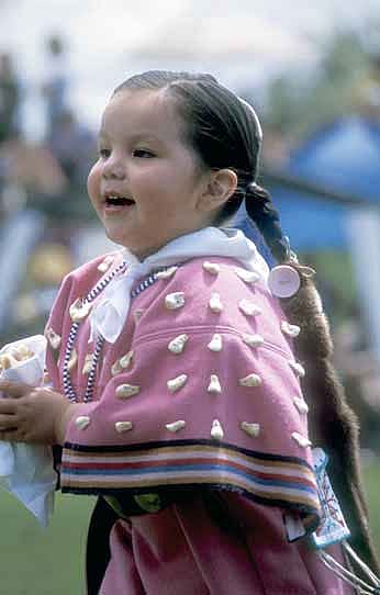 Christin Singer, Northern Arapaho/Oglala Lakota/Crow, from Ethete, Wyoming. Christin, 3 years old, competed in the Tiny Tots competition at the 2005 Plains Indian Museum Powwow.