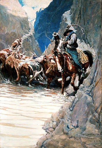 N.C. Wyeth (1882-1945). "Rounding Up," 1904. Oil on canvas, 38 x 26 inches. Gift of John M. Schiff. 1.77