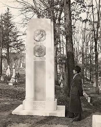 At Woodlawn Cemetery in Elmira, New York, this 12-foot-tall stone marker on grave of Mark Twain represents two fathoms or "mark twain," the term used by Mississippi riverboat captains to mark the river's depth, and from which Samuel Clemens took his pen name. Photo courtesy The Mark Twain Archive, Elmira College, Elmira, New York.