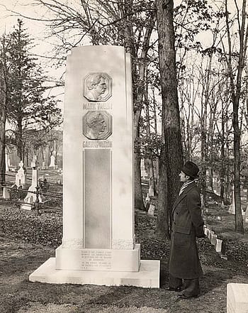 At Woodlawn Cemetery in Elmira, New York, this 12-foot-tall stone marker on grave of Mark Twain represents two fathoms or "mark twain," the term used by Mississippi riverboat captains to mark the river's depth, and from which Samuel Clemens took his pen name. Photo courtesy The Mark Twain Archive, Elmira College, Elmira, New York.