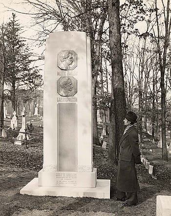 At Woodlawn Cemetery in Elmira, New York, this 12-foot-tall stone marker on grave of Mark Twain represents two fathoms or "mark twain," the term used by Mississippi riverboat captains to mark the river's depth, and from which Samuel Clemens took his pen name. Photo courtesy The Mark Twain Archive, Elmira College, Elmira, New York.