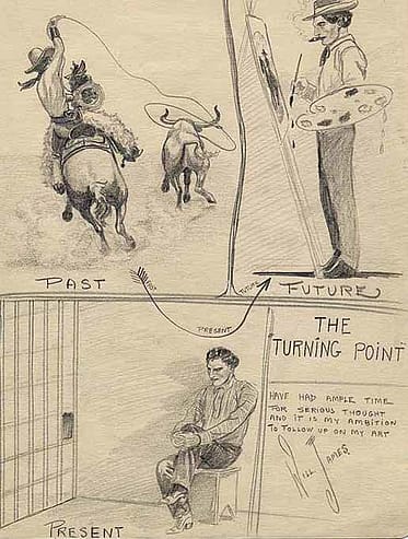 Will James (1892-1942). "The Turning Point," ca. 1915. Carbon pencil drawing. Papers of Will James, Collection No. NC579, Series 8: Artwork of Will James, Special Collections Department, University of Nevada-Reno Library.