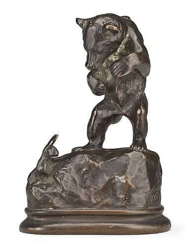 Alexander Phimister Proctor (1860-1950). "Bear Cub and Rabbit," ca. 1894. Bronze, 3.5 x 2.75 x 4.25 inches. Gift of A. Phimister Proctor Museum, donated by Sandy and Sally Church. 18.08.7