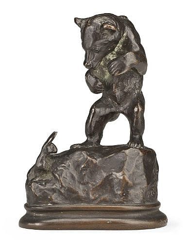 Alexander Phimister Proctor (1860-1950). "Bear Cub and Rabbit," ca. 1894. Bronze, 3.5 x 2.75 x 4.25 inches. Gift of A. Phimister Proctor Museum, donated by Sandy and Sally Church. 18.08.7