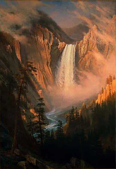 Albert Bierstadt (American, b. Germany, 1830-902). "Yellowstone Falls," 1881. Oil on canvas, 44.25 x 30.5 inches. Gift of Mr. and Mrs. Lloyd Taggart. 2.63