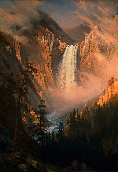 Albert Bierstadt (American, b. Germany, 1830-902). "Yellowstone Falls," 1881. Oil on canvas, 44.25 x 30.5 inches. Gift of Mr. and Mrs. Lloyd Taggart. 2.63