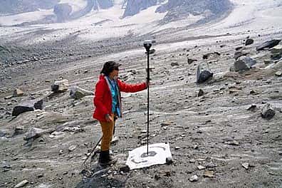 Jacki Klancher using a technique called Structure from Motion Photogrammetry to image the ice surface of the Dinwoody Glacier.