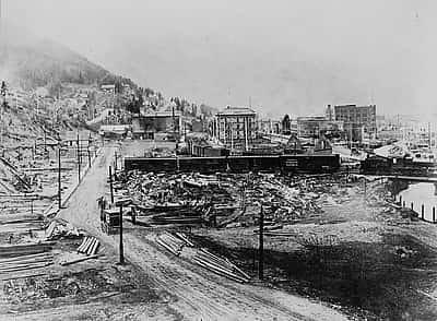 A 1915 photo of what was left of Wallace, Idaho, after the 1910 Big Blowup wildfire. Library of Congress Prints and Photographs Division, Washington, D.C. 20540. LC-USZ62-100916