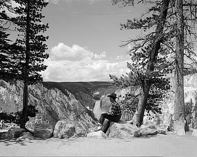 Bob Richard at Artist’s Point view of Lower Falls of the Yellowstone, June 1956. MS 89 Jack Richard Photograph Collection, McCracken Research Library. PN.89.116.21438.7