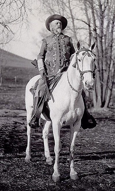Buffalo Bill on his horse Isham at his Wyoming TE Ranch, ca. 1914. MS 6 William F. Cody Collection, McCracken Research Library. P.69.1979