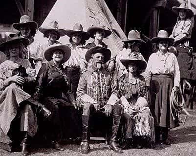 William F. "Buffalo Bill" posing with Wild West cowgirls, circa 1916. MS 6 William F. Cody Collection, McCracken Research Library. P.69.790